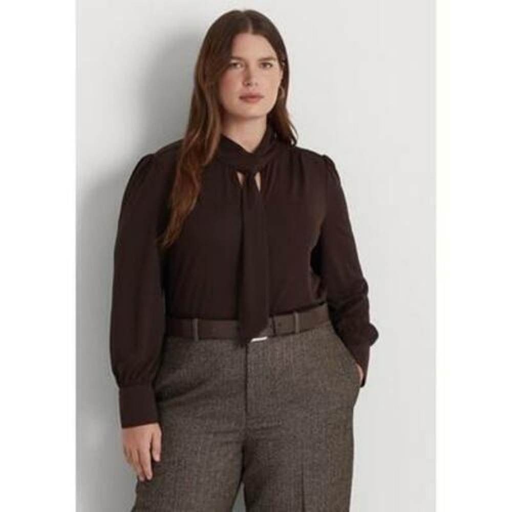 Lauren Ralph Lauren Women's Sleeve Tie Neck Jersey Top, Brown, US 2X